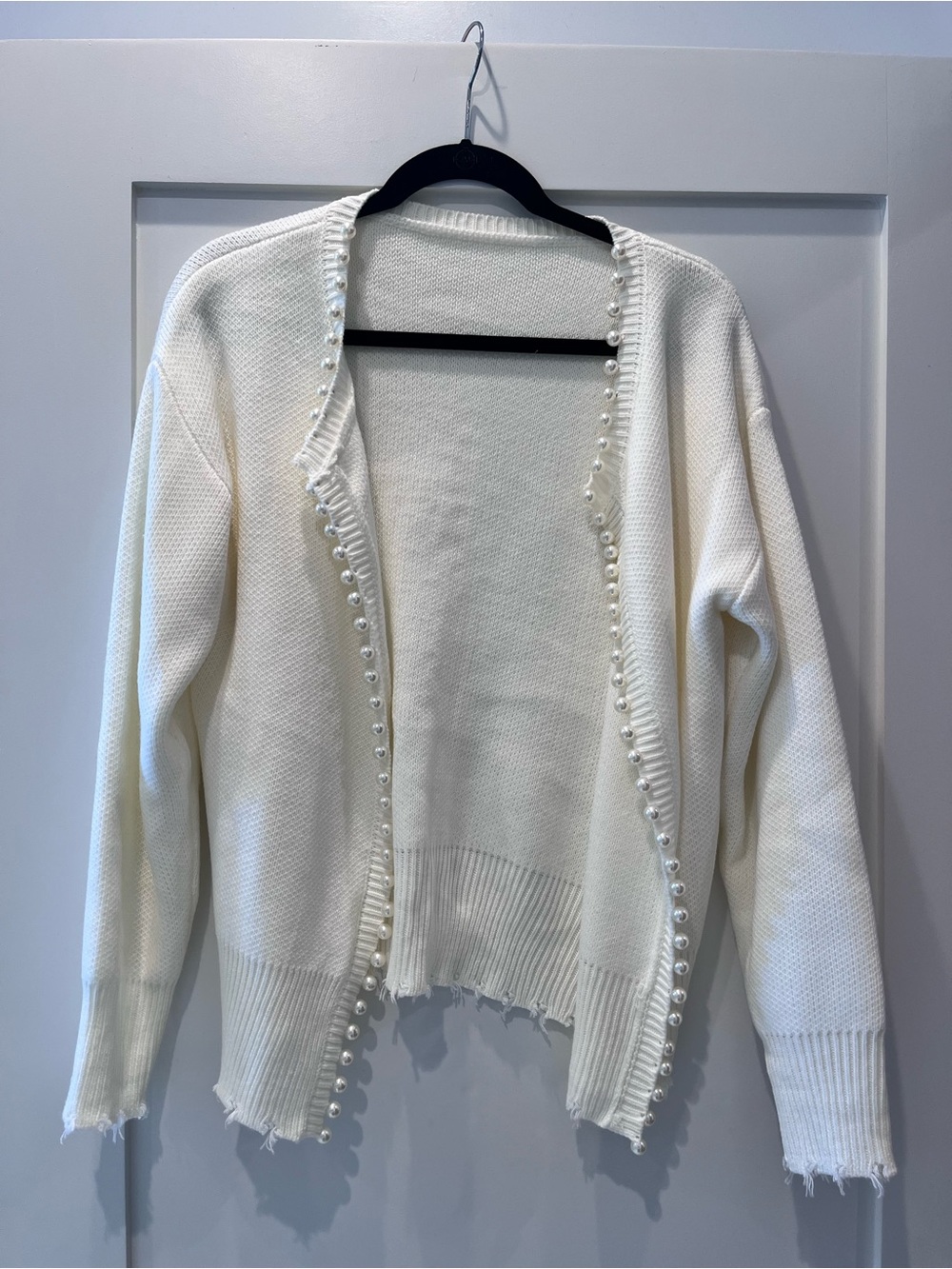 Women’s Cream Open-Front Sweater Cardigan with Pearl Trim